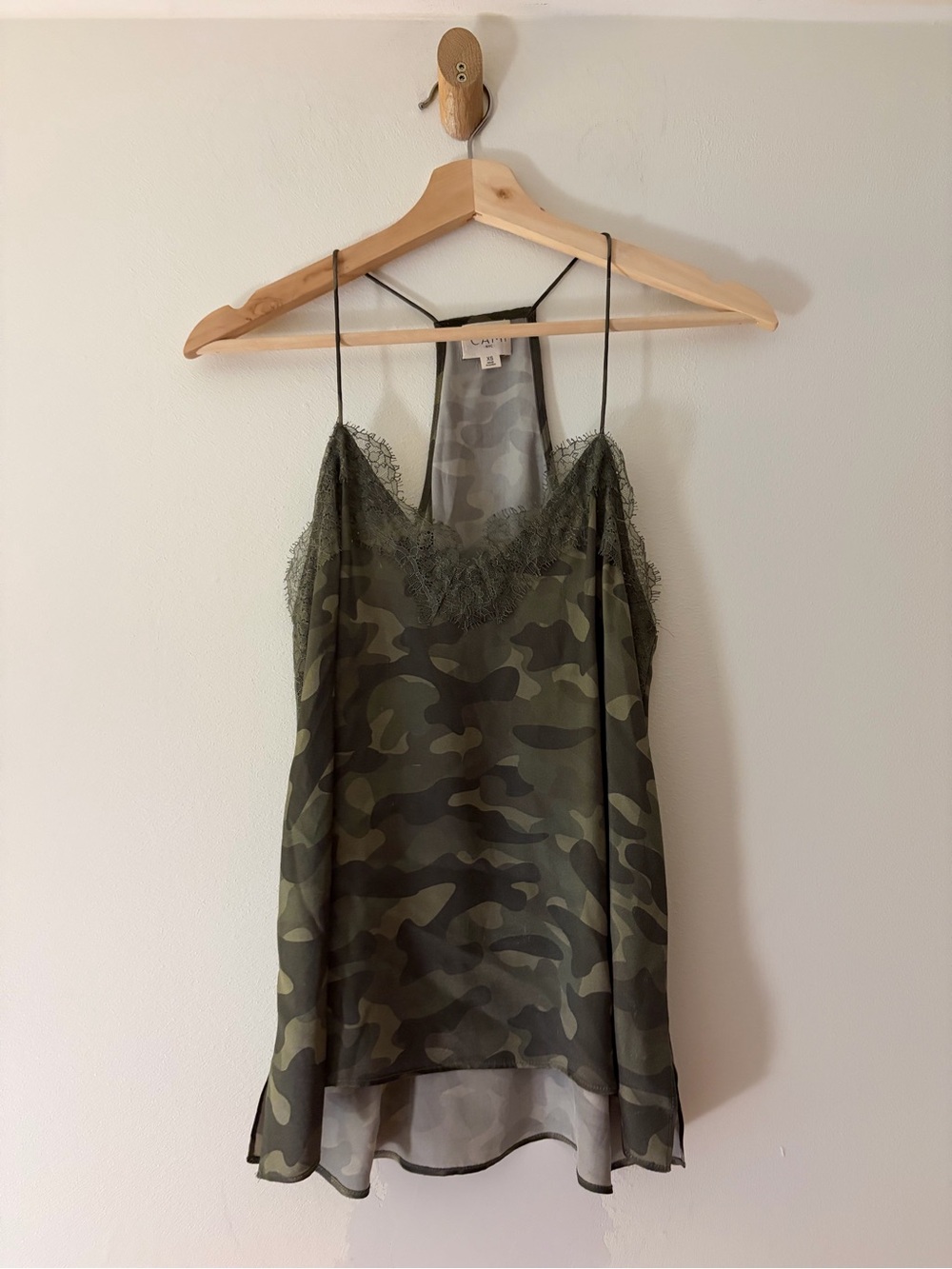 100% Silk Cami NYC Olive Camo Lace-Trim Slip Tank